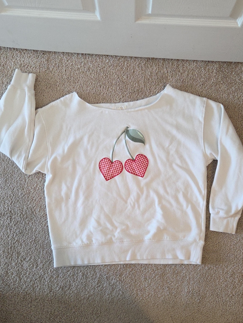 White  Off The Shoulder Sweatshirt with Red Heart Cherries